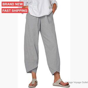 High Waist Cotton Blend Palazzo Capri Pants Elastic Waist Side Pockets